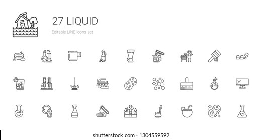 liquid icons set. Collection of liquid with cocktail, ink, lake, test tube, window cleaner, washing, potion, paint brush, soap, sponge, brush. Editable and scalable liquid icons.