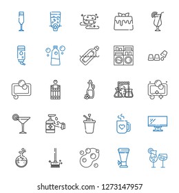 liquid icons set. Collection of liquid with cocktails, beer, soap, brushes, flask, monitor, mug, syrup, antiseptic, cocktail, olive oil, barrel. Editable and scalable liquid icons.