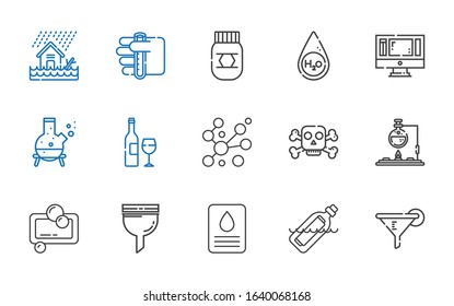 liquid icons set. Collection of liquid with filter, bottle, soap, flask, poison, bubbles, wine bottle, monitor, water, honey, test tube, flood. Editable and scalable liquid icons.