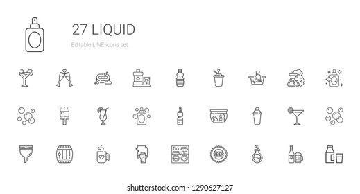 liquid icons set. Collection of liquid with flask, bottle cap, washing machine, cleaning, mug, barrel, filter, shaker, fishbowl, bottle, perfume. Editable and scalable liquid icons.