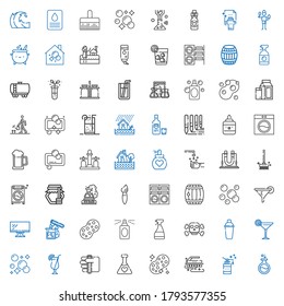 liquid icons set. Collection of liquid with flask, soap, brush, sponge, potion, test tube, cocktail, shaker, poison, window cleaner, perfume. Editable and scalable liquid icons.
