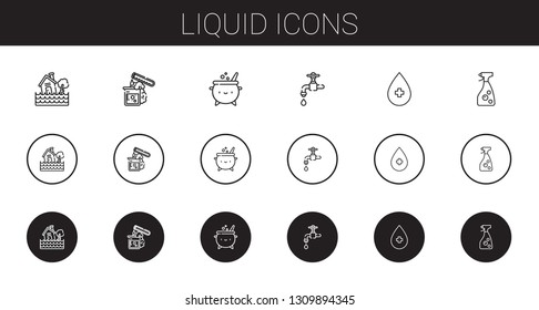 liquid icons set. Collection of liquid with flood, test tube, cauldron, faucet, alcohol, window cleaner. Editable and scalable liquid icons.