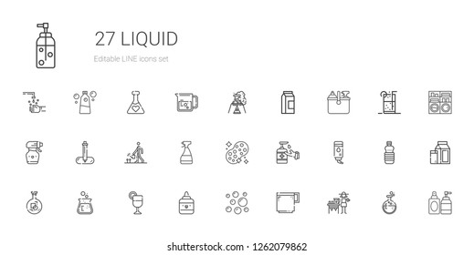 liquid icons set. Collection of liquid with lemonade, coffee cup, bubbles, glue, juice, flask, water, antiseptic, sponge, window cleaner, watering. Editable and scalable liquid icons.