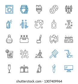 liquid icons set. Collection of liquid with monitor, brush, olive oil, milk jar, champagne glass, hand wash, honey, watering, soap, vodka. Editable and scalable liquid icons.
