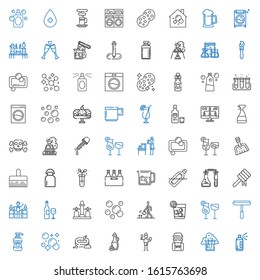 liquid icons set. Collection of liquid with paint, flask, water tank, brush, olive oil, soap, bubble, shampoo, window cleaner, cocktails, vodka. Editable and scalable liquid icons.