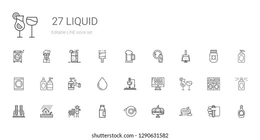 liquid icons set. Collection of liquid with soap, cup, scotch, milk, lemonade, flood, test tube, cocktails, monitor, flask, water drop, antiseptic. Editable and scalable liquid icons.