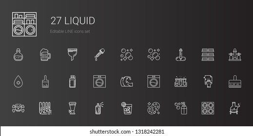 liquid icons set. Collection of liquid with soap, sponge, vodka, paint, beer, brushes, poison, test tube, washing machine, wave, bottle, paint brush. Editable and scalable liquid icons.