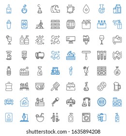 liquid icons set. Collection of liquid with soap, test tube, washing machine, cocktail, flask, bottle cap, cup, eyedropper, bath, housekeeping. Editable and scalable liquid icons.
