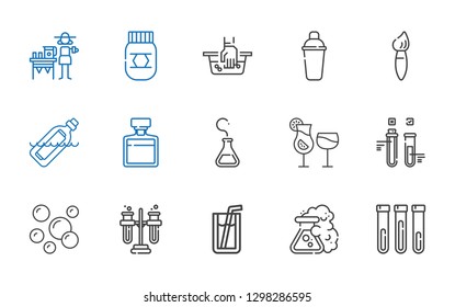 liquid icons set. Collection of liquid with test tube, flask, soda, tubes, bubbles, cocktails, whiskey, bottle, brush, shaker, hand wash, honey. Editable and scalable liquid icons.