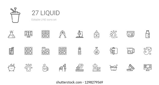 liquid icons set. Collection of liquid with washing, mouthwash, flood, water, mug, perfume, cauldron, test tube, flask, wine bottle, washing machine. Editable and scalable liquid icons.