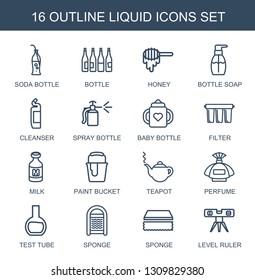 liquid icons. Trendy 16 liquid icons. Contain icons such as soda bottle, bottle, honey, bottle soap, cleanser, spray baby filter. liquid icon for web and mobile.
