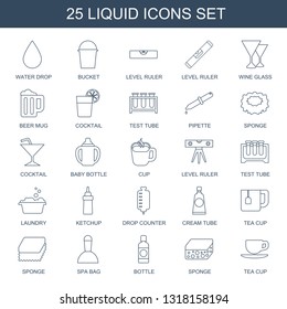 liquid icons. Trendy 25 liquid icons. Contain icons such as water drop, bucket, level ruler, wine glass, beer mug, cocktail, test tube, pipette. liquid icon for web and mobile.