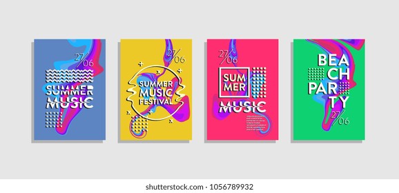 Liquid ink poster abstract. Summer music festival and beach party template. Memphis trendy hipster colorful style. 