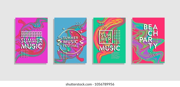 Liquid ink poster abstract. Summer music festival and beach party template. Memphis trendy hipster colorful style. 