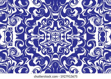 Liquid ink swirl abstract background texture. Artistic Blue and white Seamless pattern. Vector illustration