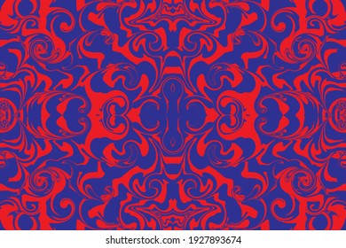 Liquid ink swirl abstract marbled background texture. Artistic Blue and red Seamless pattern. Vector illustration