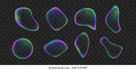 liquid iridescent transparent abstract sphere set isolated on black background. Gradient colorful round shapes of fluid splash rainbow bubble collection