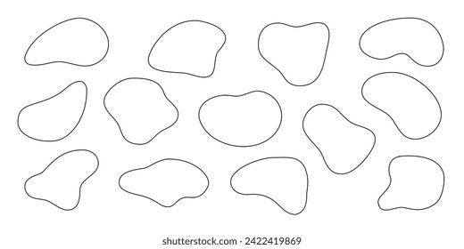 El blob ameba irregular líquido forma la colección vectorial de silhuette aislada en fondo blanco. Las formas de la mancha de la bobina fluida se establecen, gotas de deforma.