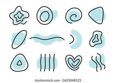 Liquid irregular blobs with outline shapes vector set, abstract design element of irregular fluid lines and forms, spiral, star, heart, oval, waves, fluid blot collection