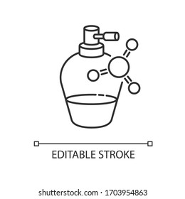 Flüssiges Keratin in Flasche Pixel perfekte Linearsymbol. Chemische Formel mit Vitamin zur Haarpflege. Dünne, anpassbare Illustration. Contour-Symbol. Vektorillustration einzelne Umrisszeichnung. Bearbeitbarer Hub