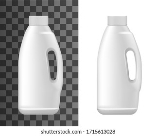 Liquid laundry detergent and fabric softener, vector realistic 3d white plastic bottle with cap lid. Washing machine bleach and laundry liquid soap package mockup template