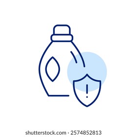 Liquid laundry detergent, shield and exclamation mark. Toxic cleaning products alert. Cautious handling. Pixel perfect vector icon