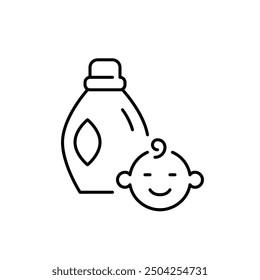 Liquid laundry detergent and smiling baby face. Baby-safe hypoallergenic gentle wash. Pixel perfect vector icon