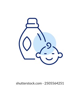 Liquid laundry detergent and smiling baby face. Baby-safe hypoallergenic gentle wash. Pixel perfect, editable stroke icon