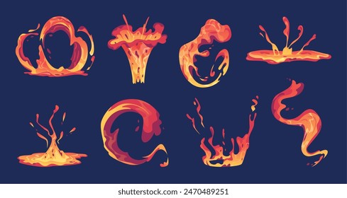 Lava líquida. Chispas ardientes de magma de lava volcán efectos de animación de Vector exacto para juegos