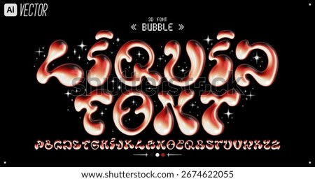 Liquid lava font. 3D inflated bubble letters in orange fire gradient, volcanic shine, glossy molten texture and Y2K retro display style. Vector set