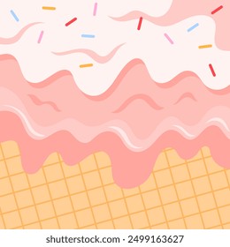 Liquid layers of pink ice cream flowing over crispy waffle surface background vector illustration