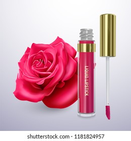 Liquid lipstick in a bright pink color against the background of a red rose, vector illustration into a realistic style