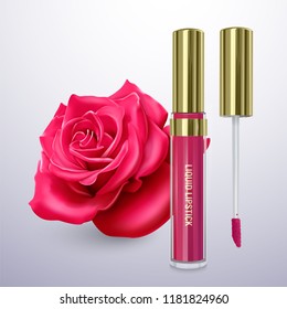 Liquid lipstick in a bright pink color against the background of a red rose, vector illustration into a realistic style