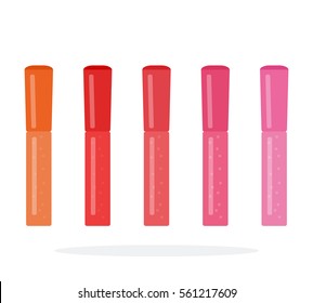 Liquid lipstick of different colors vector flat material design object. Isolated illustration on white background.