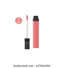 Liquid lipstick , lip gloss , lip cream in packaging opened and have a color swatch, Container with the brush in front view.