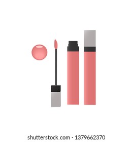 Liquid lipstick , lip gloss , lip cream in packaging opened and closed have a color swatch, Container with the brush in front view.