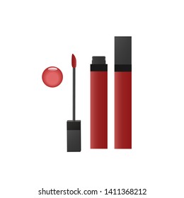 Liquid lipstick, lip gloss, lip cream in packaging opened and closed have a color swatch, Container with the brush in front view.