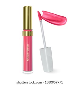 Liquid lipstick, Lip gloss in elegant bottle, closed container with brush and smear of lipstick on white background, can be used for leaflets for the promotion of decorative cosmetics