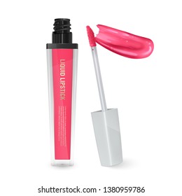Liquid lipstick, Lip gloss in elegant bottle, open container with brush and smear of pink lipstick on white background, can be used for leaflets for the promotion of decorative cosmetics