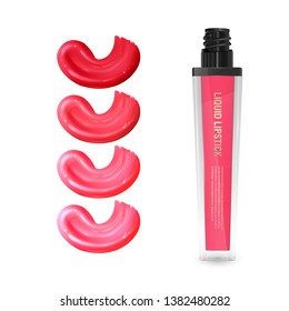 Liquid lipstick, Lip gloss in elegant bottle, open container with brush and smears of pink lipstick from bright red to light pink colors on white background. Vector illustration