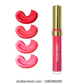Liquid lipstick, Lip gloss in elegant bottle, close container with brush and smears of pink lipstick from bright red to light pink colors on white background. Vector EPS 10 illustration