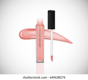 Liquid Lipstick, Lip Gloss In Elegant Glass Bottle With Black Lid, Closed And Open Container With Brush, Isolated . Make Up Smear.