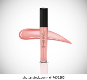 Liquid lipstick, Lip gloss in elegant glass bottle with black lid, closed and open container with brush, isolated . Make up smear.