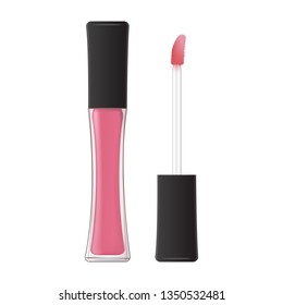 Liquid lipstick. Lip gloss in glass bottle. Container with brush. Cosmetics template design. 3d realistic packaging. Vector illustration.