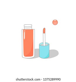 Liquid lipstick or lip gloss in the glass bottle packaging opened and have sample color in front view, Cartoon version. illustration of doodles design