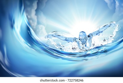 Liquid made swimmer swimming butterfly stroke with blue sky, 3d illustration