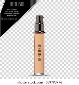 Liquid makeup foundation in bottle and face powder.  Spray bottle. Photo realistic Vector illustration. 