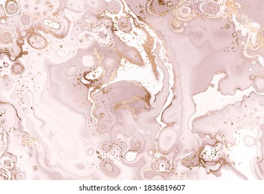 Liquid marble abstract painting print background with gold bubble and glitter dust.