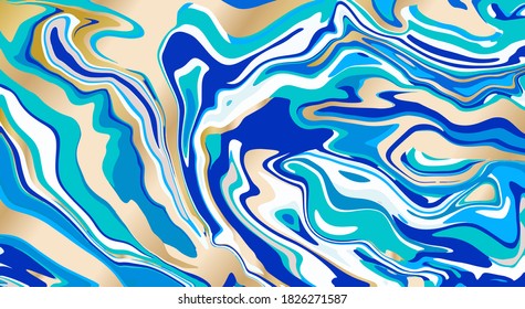 Liquid marble background blue and gold tones fluid art decorative pattern,  template