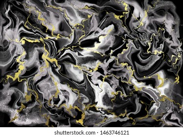 Liquid marble black smoke texture background with gold splashes. Horizontal wallpaper. Fluid art, digital marbling.